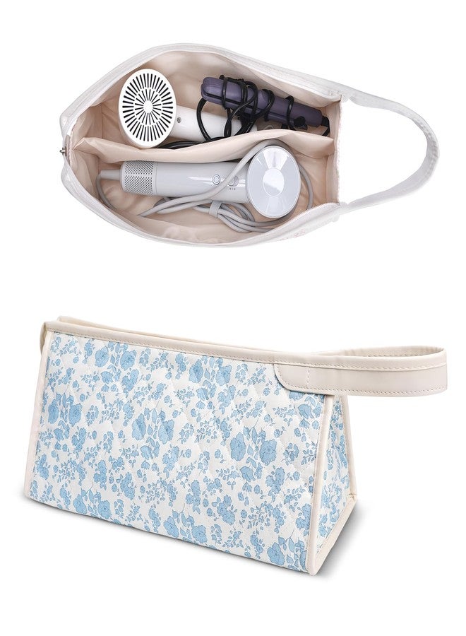 idoltimes Quilted Hair Tools Travel Bag, Compatible with Dyson Airwrap Styler, Portable Cotton Floral Organizer Case for Shark FlexStyle Attachments Storage, Blue Flower - Image 1