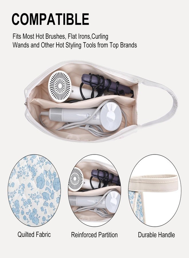 idoltimes Quilted Hair Tools Travel Bag, Compatible with Dyson Airwrap Styler, Portable Cotton Floral Organizer Case for Shark FlexStyle Attachments Storage, Blue Flower - Image 5