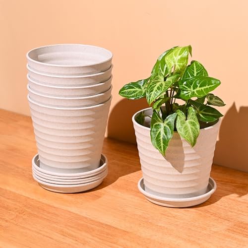 Eha Set of 6 Earth-Friendly Linea 5.5" Pots for Plants | Bamboo Based Plant Pots | UV Protected | Flower Pot for Indoor, Home Decor, Outdoor, Balcony & Garden | Sand Castle - Image 1