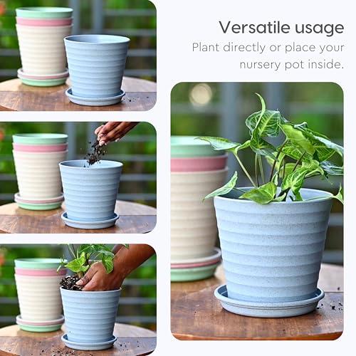 Eha Set of 6 Earth-Friendly Linea 5.5" Pots for Plants | Bamboo Based Plant Pots | UV Protected | Flower Pot for Indoor, Home Decor, Outdoor, Balcony & Garden | Sand Castle - Image 5