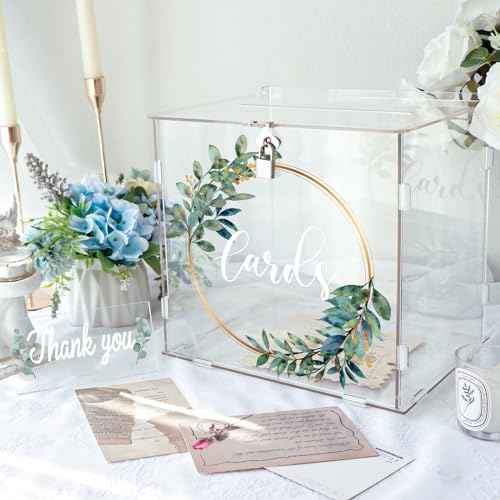 OurWarm Clear Acrylic Card Box with Lock Slot Thick DIY Wedding Card Box for Wedding Reception Large Money Gift Box Eucalyptus Graduation Card Box for Party Graduation Birthday Baby Shower - Image 1