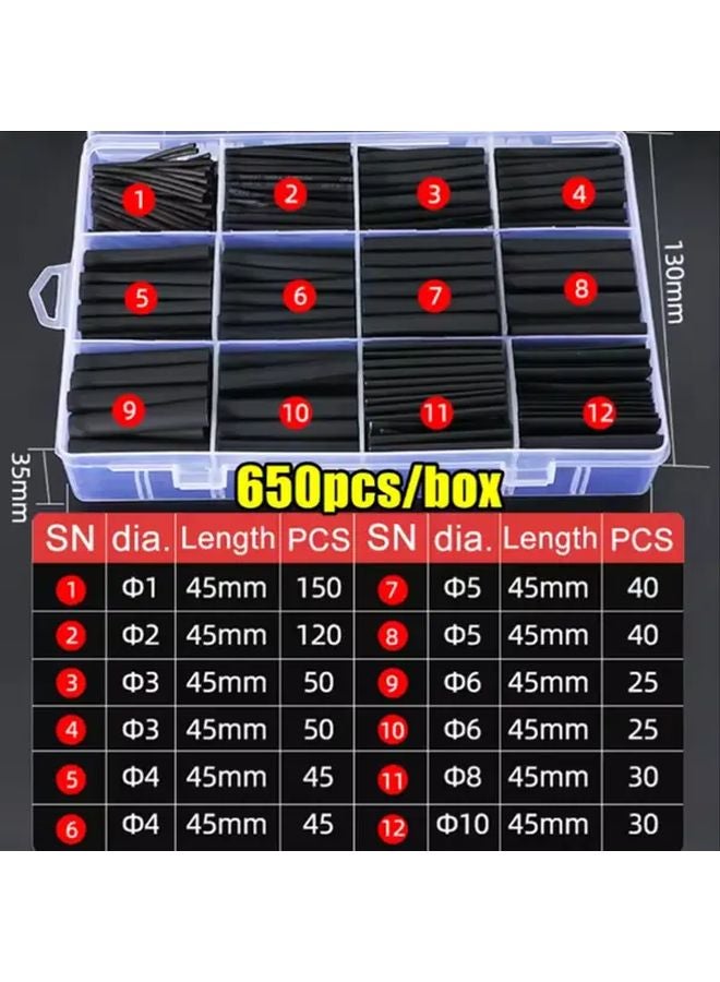 650pcs Black Heat Shrink Tube Kit Assorted Sizes for Electrical Wire Connections - Image 4