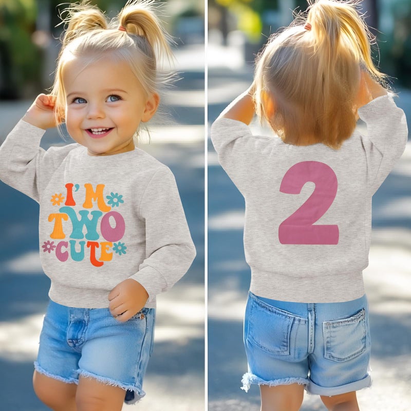 KEKEMI Birthday Sweatshirt for Toddler Girl Iâ€™M Two Cute Birthday Girl Outfit 2T B-Day Party Long Sleeve Shirt Cute Fall Tops(Grey,2T) - Image 2