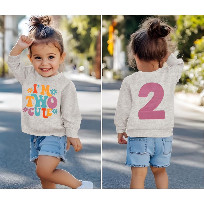 KEKEMI Birthday Sweatshirt for Toddler Girl Iâ€™M Two Cute Birthday Girl Outfit 2T B-Day Party Long Sleeve Shirt Cute Fall Tops(Grey,2T) - Image 4