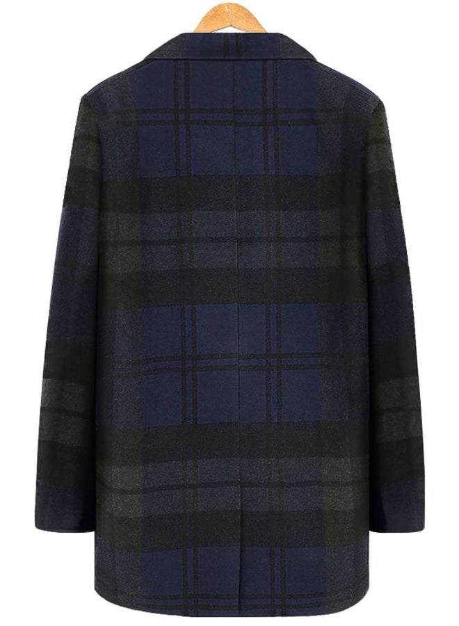 chouyatou Men's Casual Notched Collar Plaid Single Breasted Wool Blend Formal Trench Top Coat, Navy-plaid, XXL - Image 3