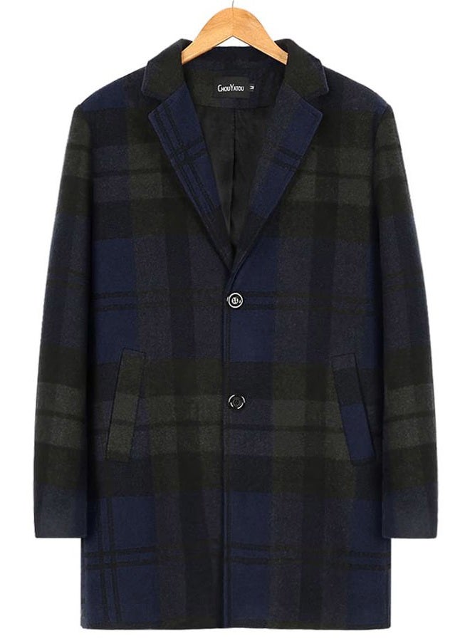 chouyatou Men's Casual Notched Collar Plaid Single Breasted Wool Blend Formal Trench Top Coat, Navy-plaid, XXL - Image 2
