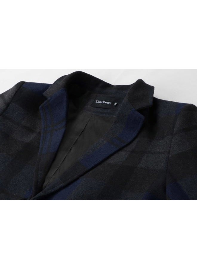 chouyatou Men's Casual Notched Collar Plaid Single Breasted Wool Blend Formal Trench Top Coat, Navy-plaid, XXL - Image 4