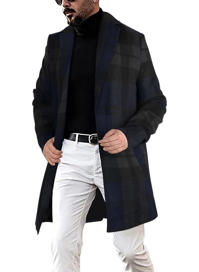 chouyatou Men's Casual Notched Collar Plaid Single Breasted Wool Blend Formal Trench Top Coat, Navy-plaid, XXL - Image 1