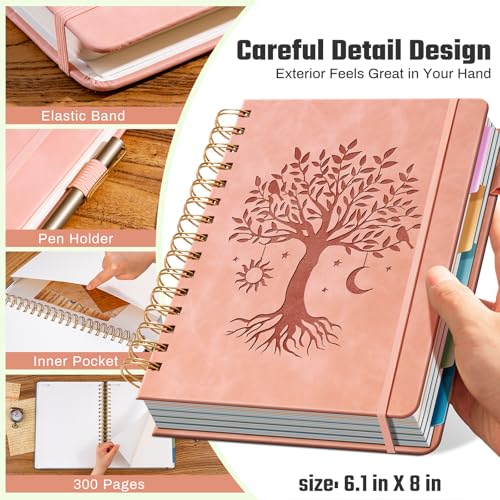Ovesmusl Hardcover Spiral Notebook 6.1" x 8.4" with 5 Removable Dividers 300 Pages Leather 5 Subject Notebook College Ruled 100GSM Large Spiral Notebooks for Work Thick Lined Journal for Women, Pink - Image 3