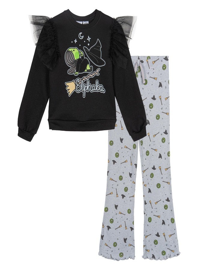 Wicked Elphaba Little Girls Fleece Pullover Sweatshirt and Ribbed Flare Leggings Outfit Set Black/Gray 7-8 - Image 1