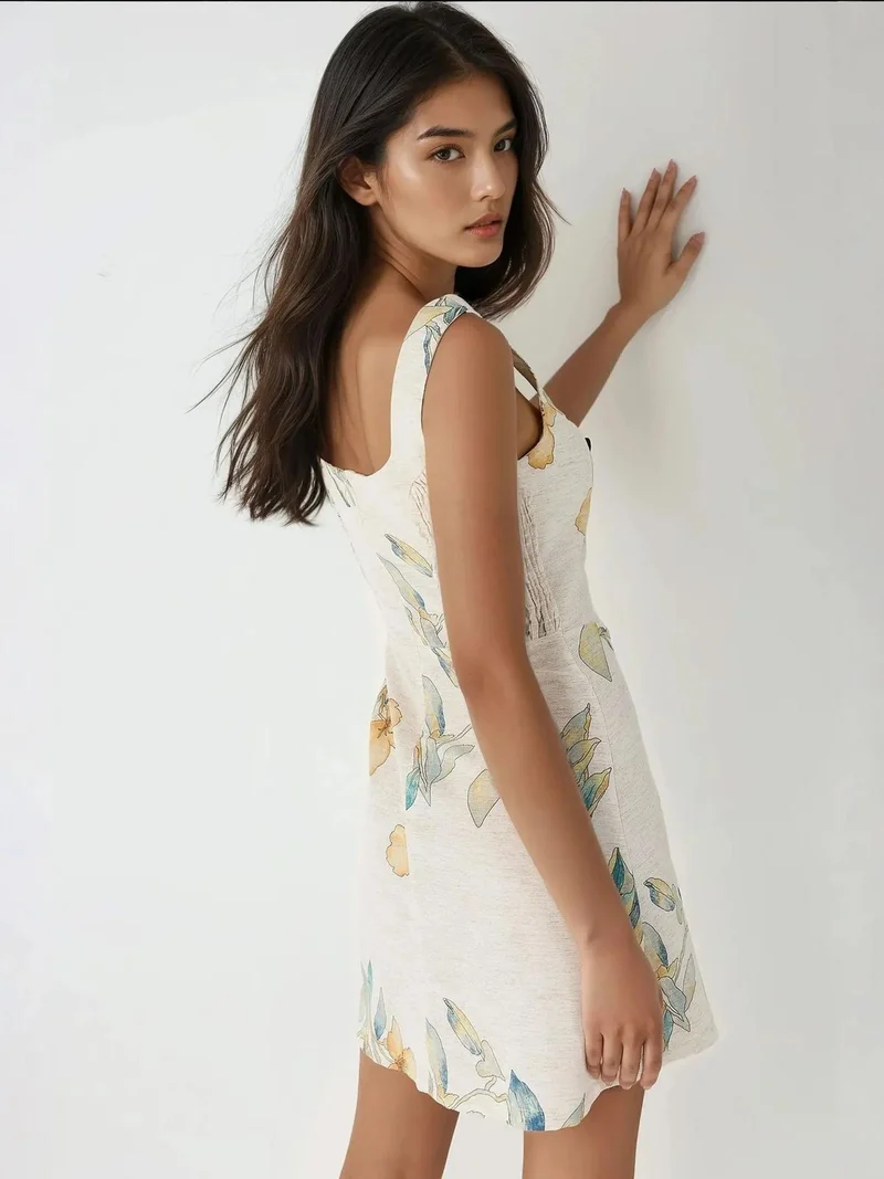 HICCUP Ivory Natural Square Neck Flower Pattern Linen Feel Mini Dress for Women | Best Price UAE
