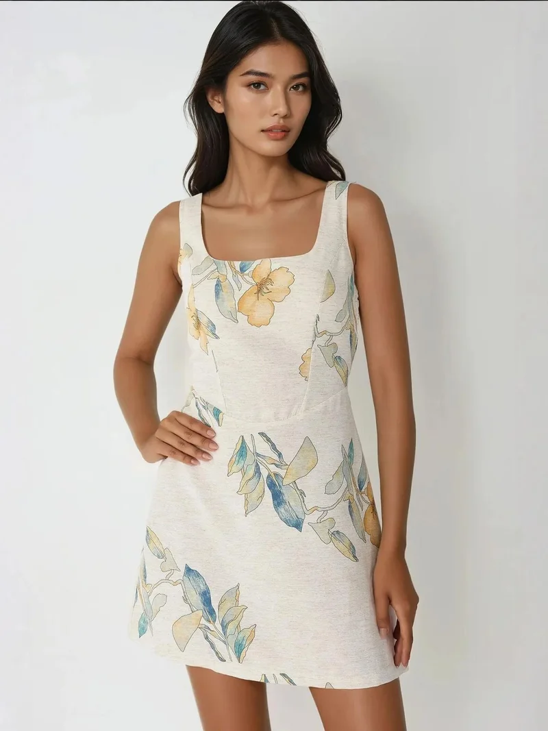 HICCUP Ivory Natural Square Neck Flower Pattern Linen Feel Mini Dress for Women | Best Price UAE