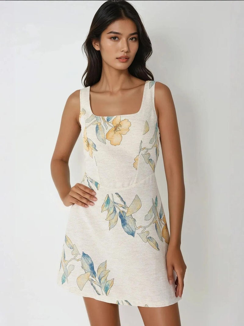 HICCUP Square Neck Flower Pattern Linen Feel Mini Dress - Image 5