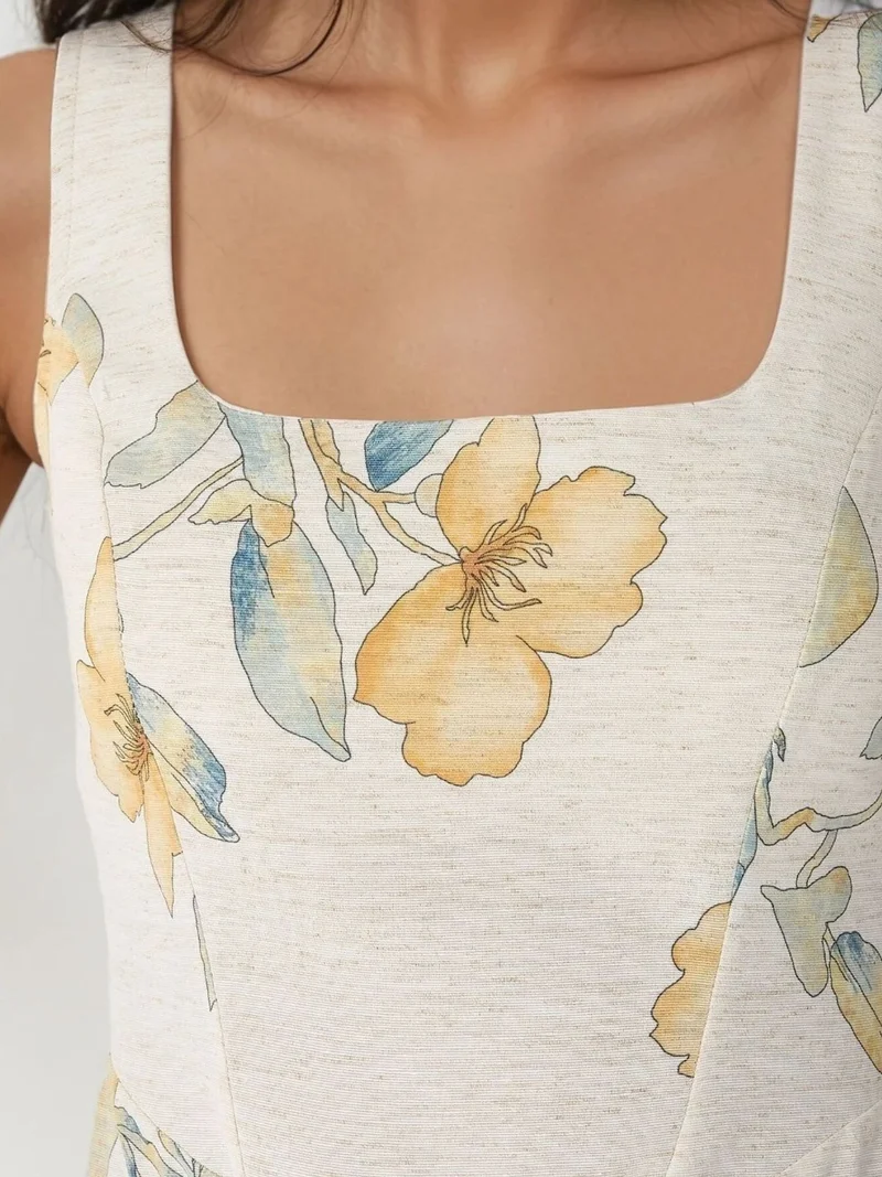 HICCUP Ivory Natural Square Neck Flower Pattern Linen Feel Mini Dress for Women | Best Price UAE