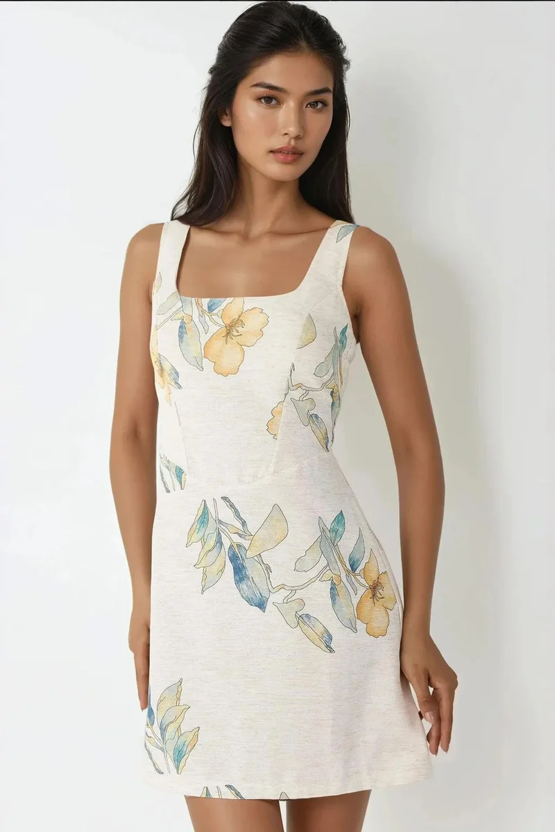Hiccup Square Neck Flower Pattern Linen Feel Mini Dress