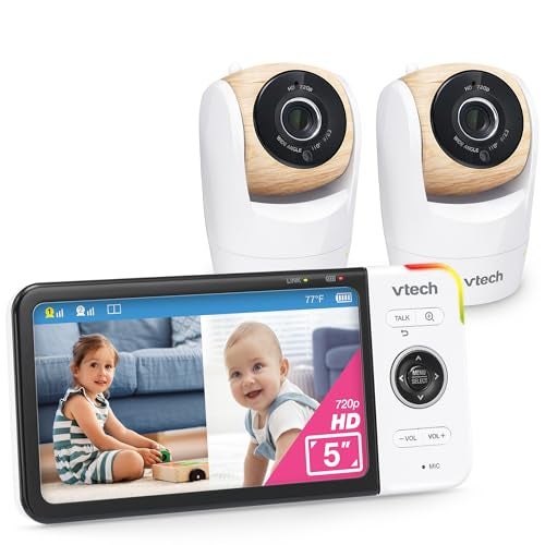 VTech VM9282HD 5 720p HD Display 2 Cameras Baby Monitor110 Wide Angle ViewRemote PanTiltZoomNight VisionUp to 1000ft RangeTemperature Sensor9 Soothing Sounds Lullabies2Way TalkNo WiFi - Image 1