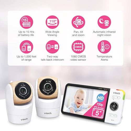 VTech VM9282HD 5 720p HD Display 2 Cameras Baby Monitor110 Wide Angle ViewRemote PanTiltZoomNight VisionUp to 1000ft RangeTemperature Sensor9 Soothing Sounds Lullabies2Way TalkNo WiFi - Image 3