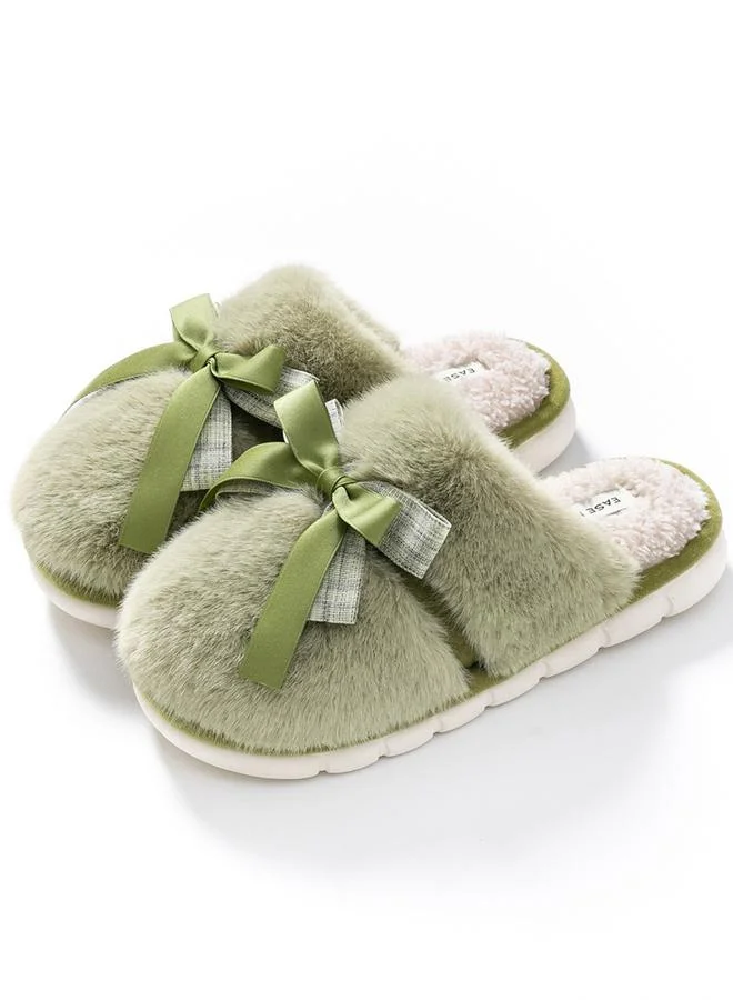 Take Two Green Fuzzy Slippers with Bow
