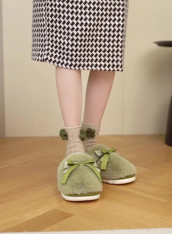 Green Fuzzy Slippers with Bow
