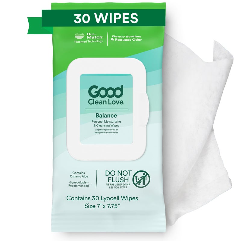 Good Clean Love مناديل نسائية متوازنة pH من Good Clean Love، تدعم صحة المهبل بشكل طبيعي وتقلل من الرائحة، منتج نظافة مرطب وغير مهيج مصنوع من الألوة العضوية، (30 قطعة) - Image 1