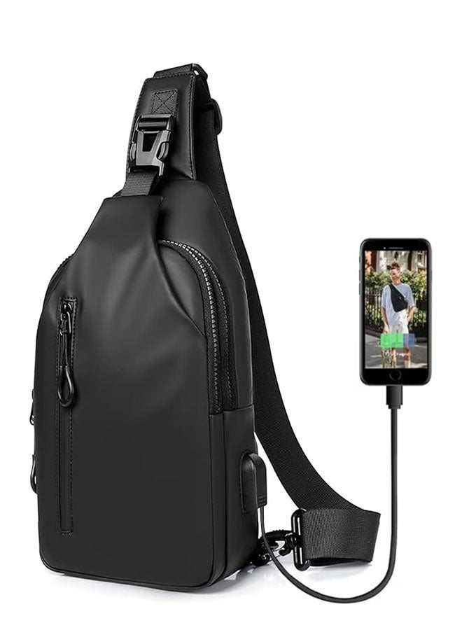 سلينغ حقيبة كروسبودي مع منفذ شاحن USB, حقيبة الظهر الكتف الصغيرة للرجال, حقيبة الصدر الرقيقة المضادة للماء حقيبة اليوم العادية للسفر ركوب الدراجات, أسود - Image 1