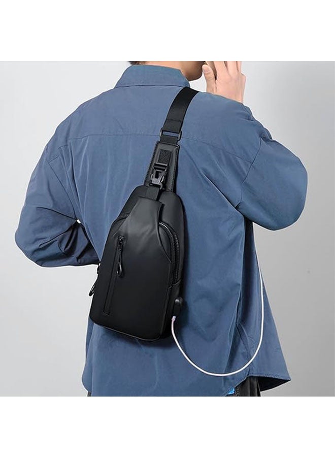 سلينغ حقيبة كروسبودي مع منفذ شاحن USB, حقيبة الظهر الكتف الصغيرة للرجال, حقيبة الصدر الرقيقة المضادة للماء حقيبة اليوم العادية للسفر ركوب الدراجات, أسود - Image 5