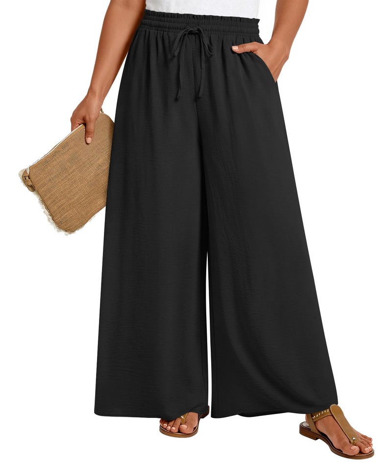 LONGYUAN Womens Plus Size Wide Leg Pants Summer High Waist Casual Long Palazzo Pants Trousers with Pocket Black X-Large - Image 1