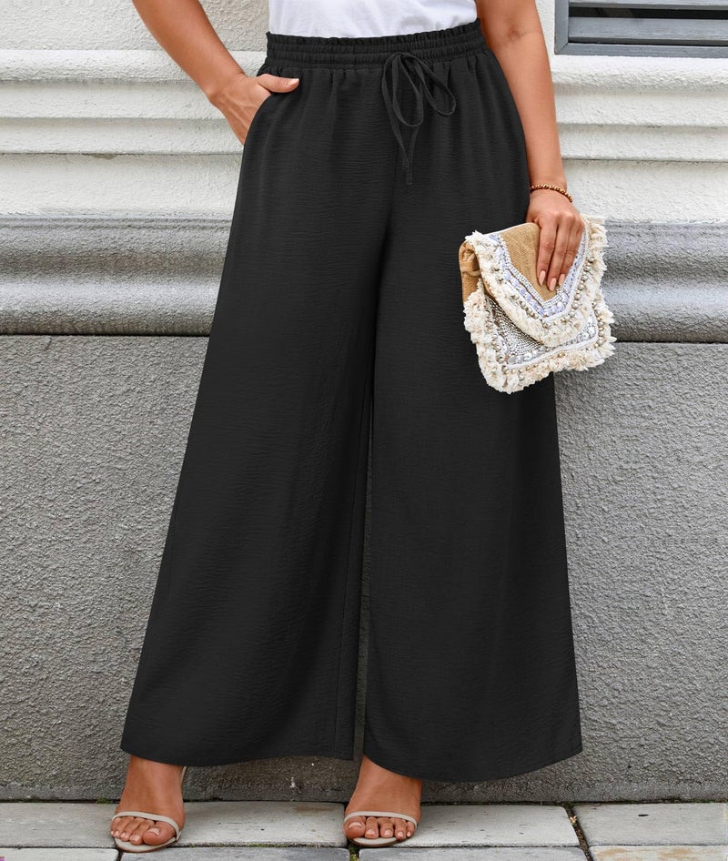 LONGYUAN Womens Plus Size Wide Leg Pants Summer High Waist Casual Long Palazzo Pants Trousers with Pocket Black X-Large - Image 3