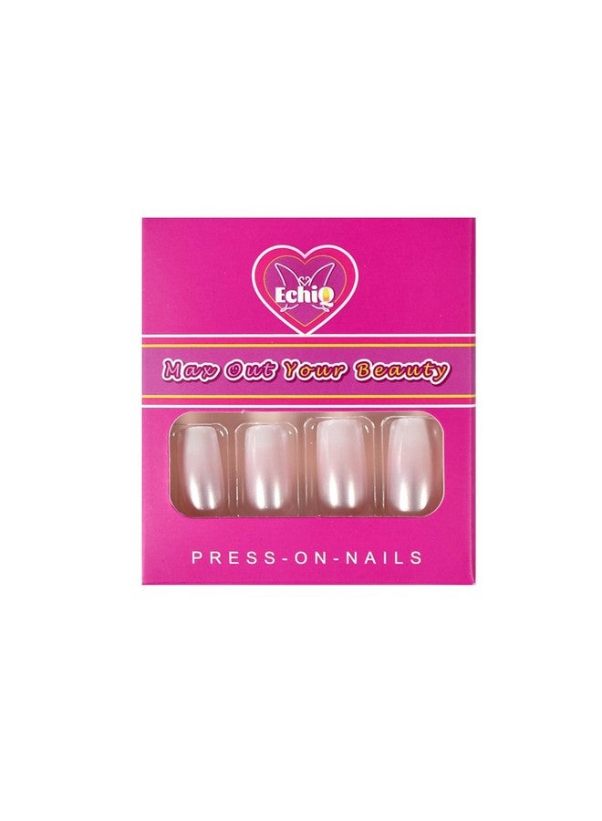 EchiQ Pearl Shine Glossy Fake Nails Shimmer White Square French Nail Ombre Faux Ongles Gradient Medium Fingernails With Gluetabs - Image 2