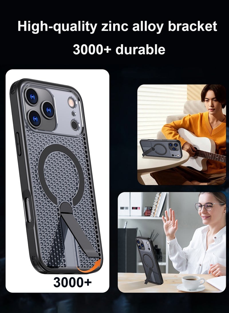 CubeG Magnetic for iPhone 17 Pro Max Case, Compatible with MagSafe, 3D Mesh Structure Heat Dissipation Mobile Phone Case with Magnetic Bracket Ultra-thin Protective Caver Black - Image 4