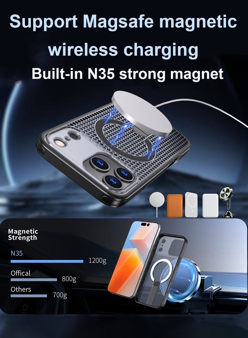 CubeG Magnetic for iPhone 17 Pro Max Case, Compatible with MagSafe, 3D Mesh Structure Heat Dissipation Mobile Phone Case with Magnetic Bracket Ultra-thin Protective Caver Black - Image 3