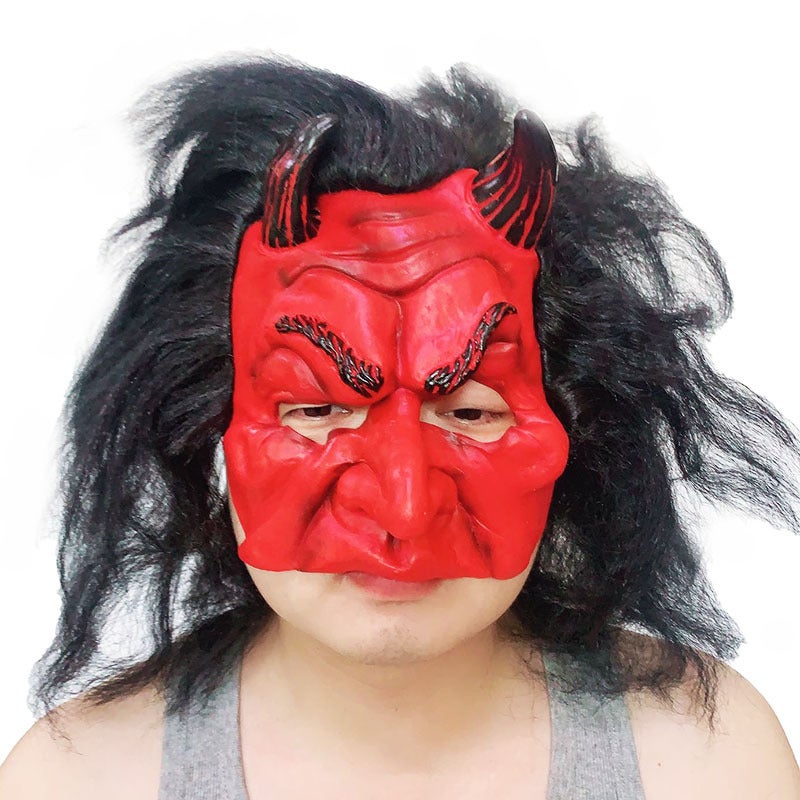 Red Demon Mask Halloween Half Face Devil Mask with Wig Monster Masquerade Mask for Cosplay Costume - Image 1