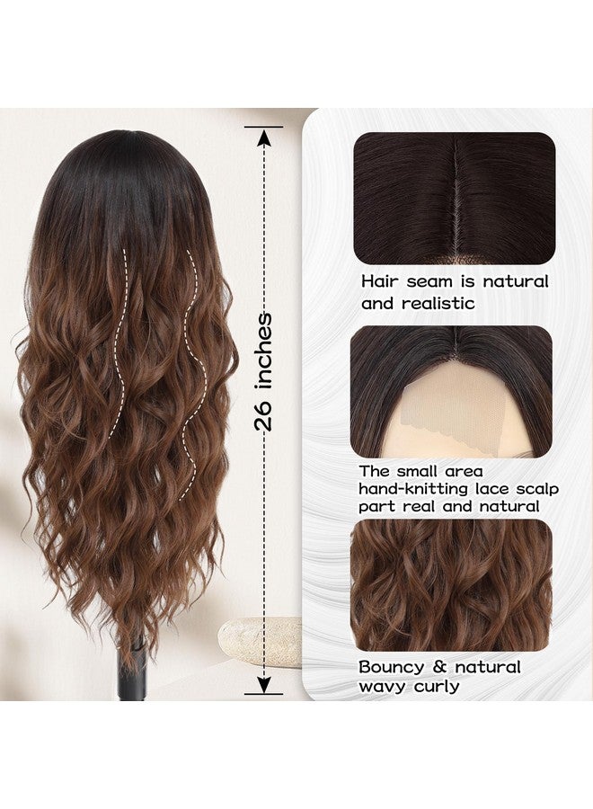 NAYOO Ombre Brown Wig 26 Inch Middle Part Wigs For Women Synthetic Hair Long Wavy Wig With Dark Roots For Daily Party/Halloween Use (Ombre Brown) - Image 2