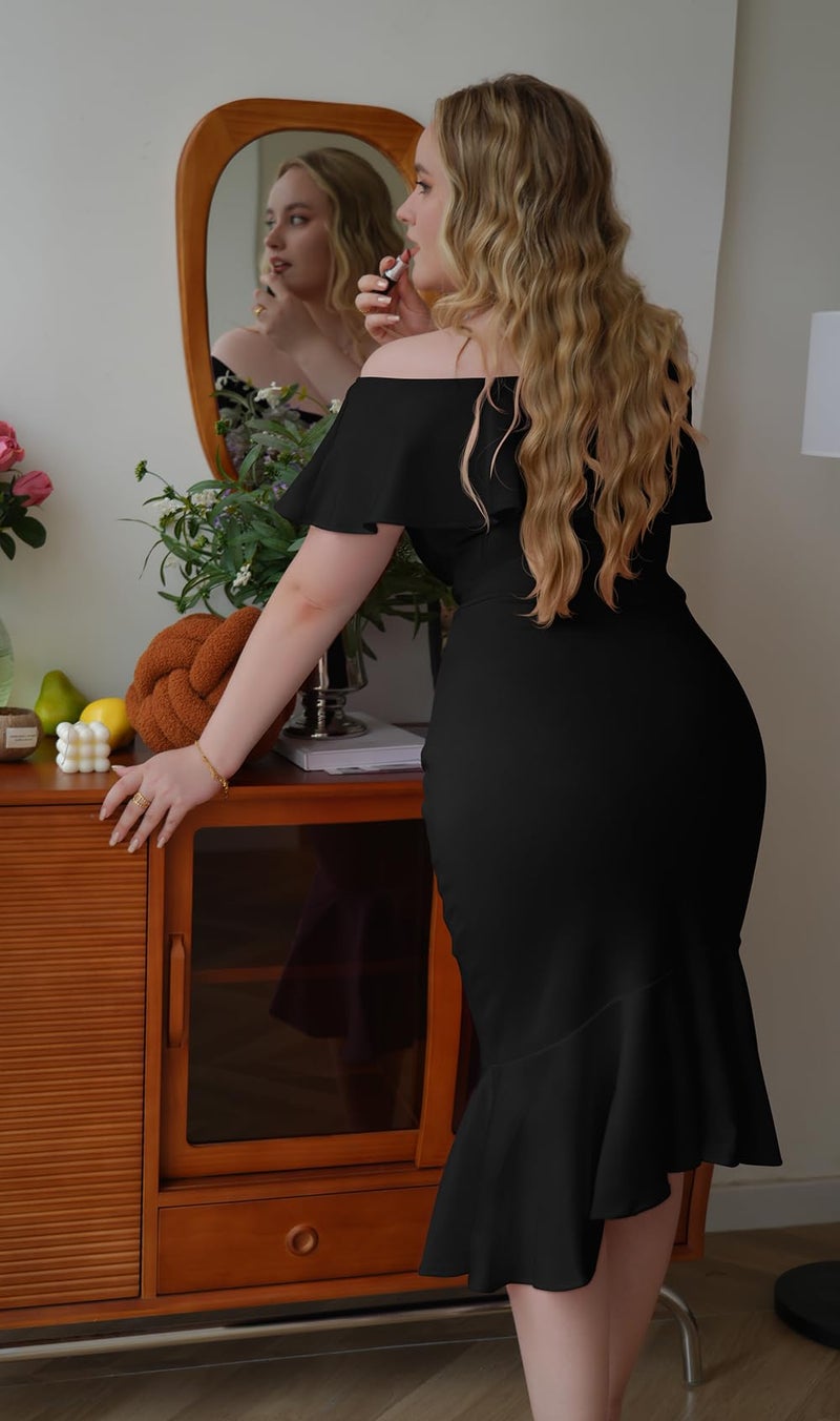 GOBLES Women's Elegant Off The Sholder Back Zipper Ruffles Bodycon Midi Cocktail Dress Black - Image 2
