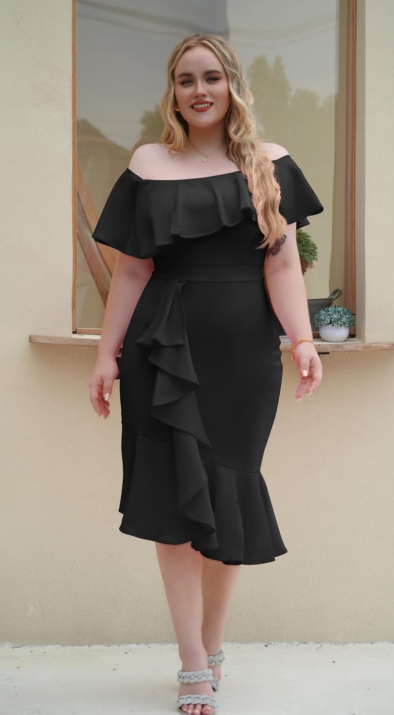 GOBLES Women's Elegant Off The Sholder Back Zipper Ruffles Bodycon Midi Cocktail Dress Black - Image 5