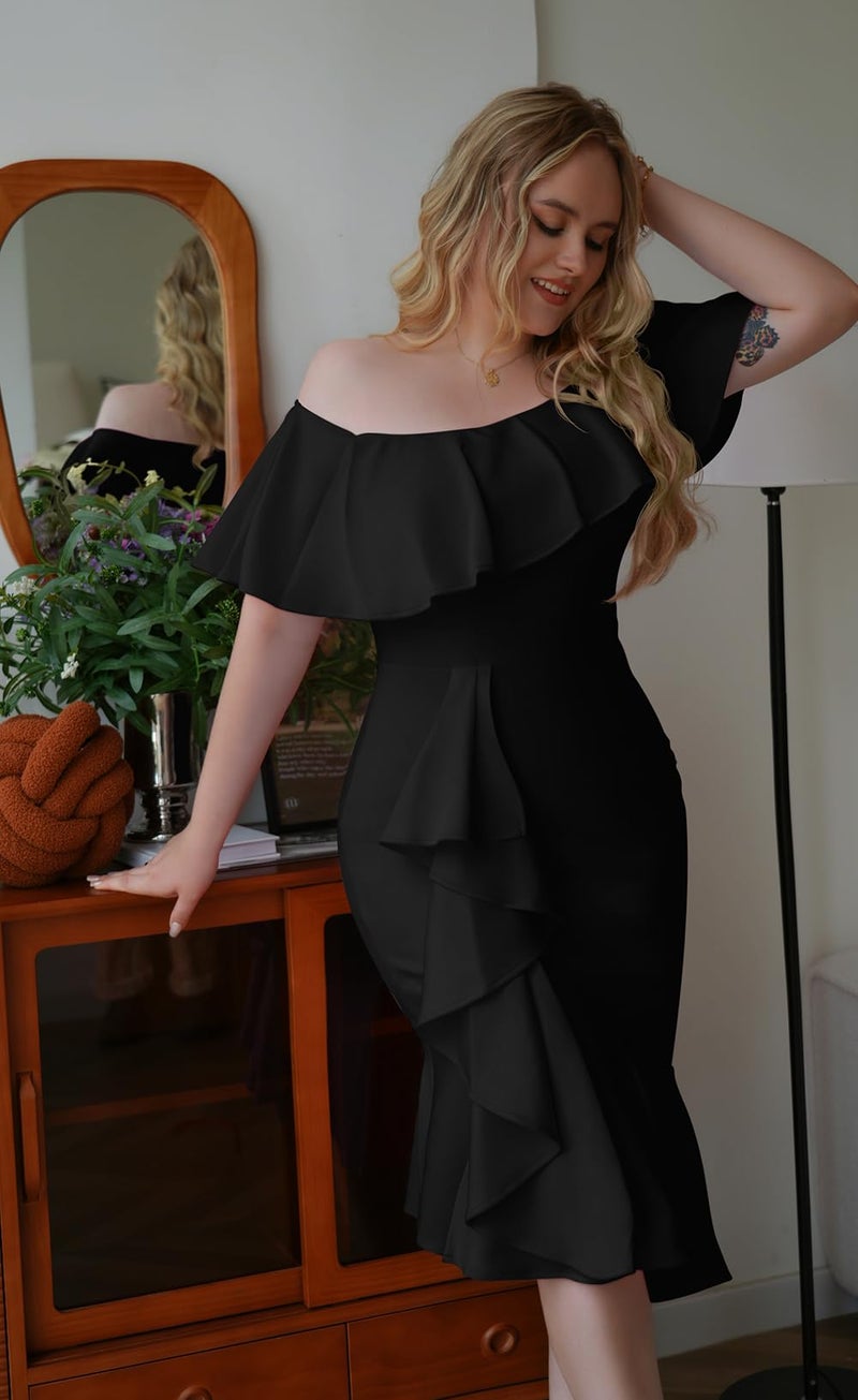 GOBLES Women's Elegant Off The Sholder Back Zipper Ruffles Bodycon Midi Cocktail Dress Black - Image 3