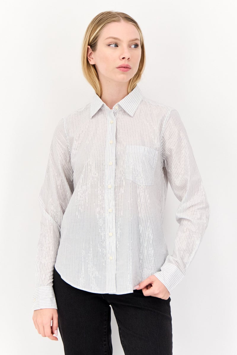 GAP Women Spread Collar Stripe Long Sleeve Shirt, Multicolor - Image 1