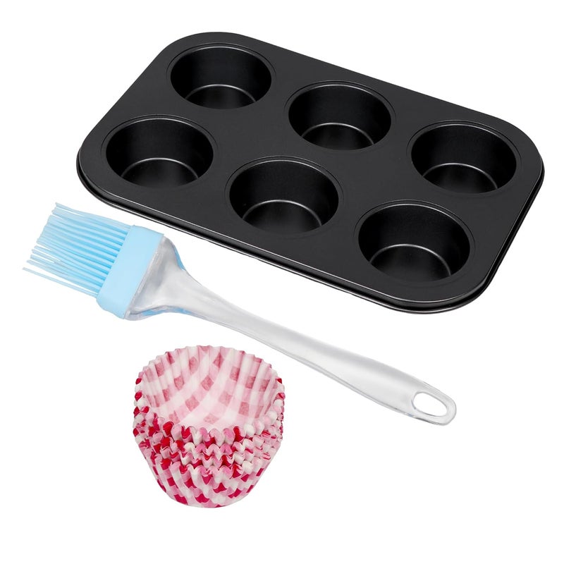 Bakers Pardise Teflon Coated NonStick 6 Cups Cupcake Baking Tray Muffin Tray with Mini Muffin Paper Cup Liners 10cm Set of 100 Pastry Brush - Image 1