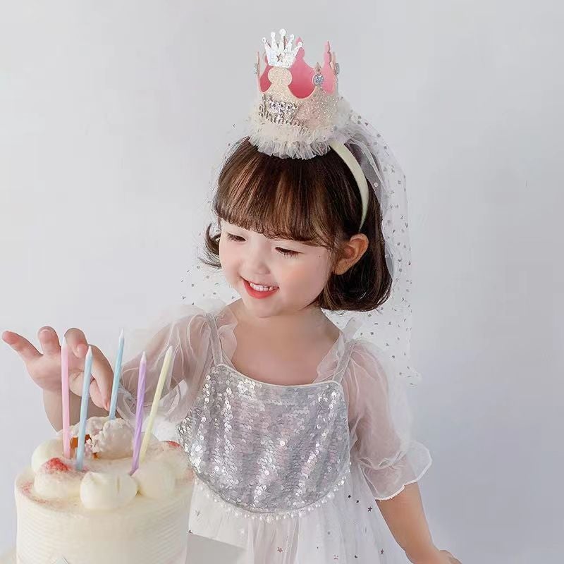 Kids Party Photo Prop Beige crown + veil headband 