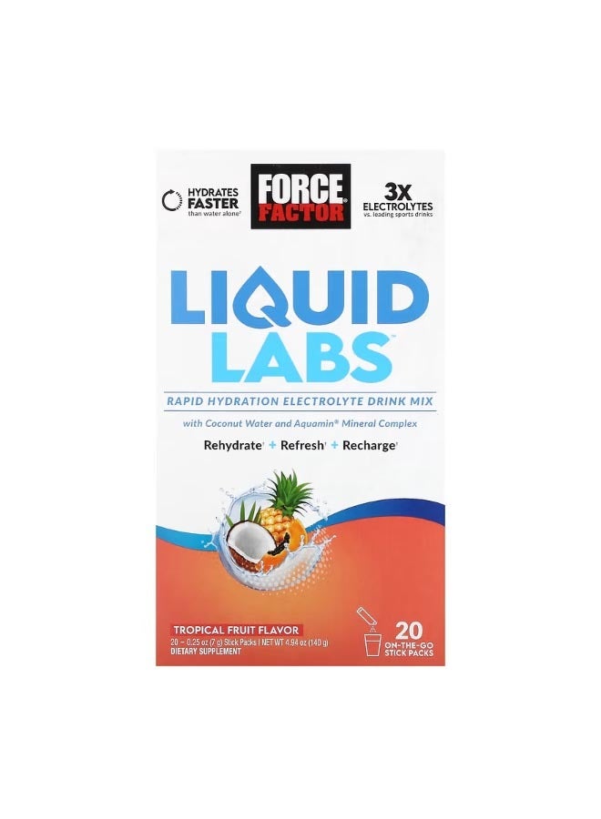 فوريس فاكتور Liquid Labs Rapid Hydration Electrolyte Drink Mix Tropical Fruit 20 Stick Packs 0.25 oz 7 g Each - Image 1