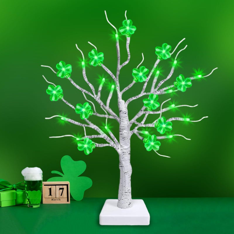 Tirdkid St. Patrick's Day Decorations â€“ 18 Inch Lighted Tabletop Tree with 24 Green Shamrocks & LED Lights, St. Patrickâ€™s Day Decor for Home, Table, Office, Indoor Use - Image 1