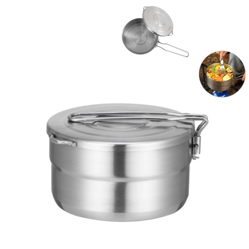 Denpetec Stainless Steel Camping Cook Pot with Lid and Folding Handle Camping Cookware 1.5L Large Capacity Bento Pot for Camping, Hiking, Picnic - Image 1