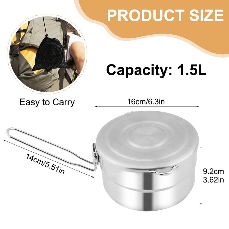 Denpetec Stainless Steel Camping Cook Pot with Lid and Folding Handle Camping Cookware 1.5L Large Capacity Bento Pot for Camping, Hiking, Picnic - Image 3