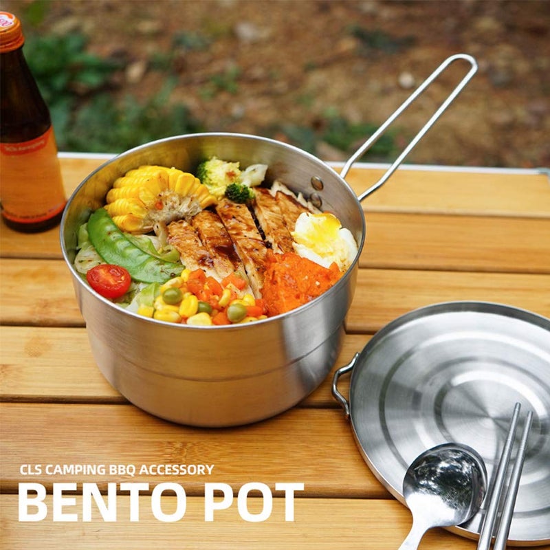 Denpetec Stainless Steel Camping Cook Pot with Lid and Folding Handle Camping Cookware 1.5L Large Capacity Bento Pot for Camping, Hiking, Picnic - Image 2