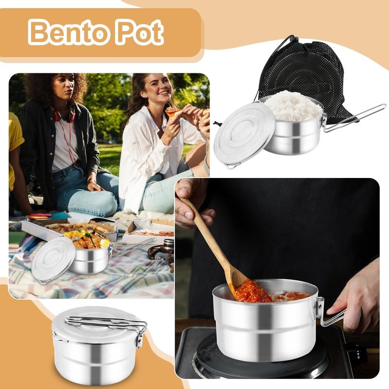 Denpetec Stainless Steel Camping Cook Pot with Lid and Folding Handle Camping Cookware 1.5L Large Capacity Bento Pot for Camping, Hiking, Picnic - Image 4