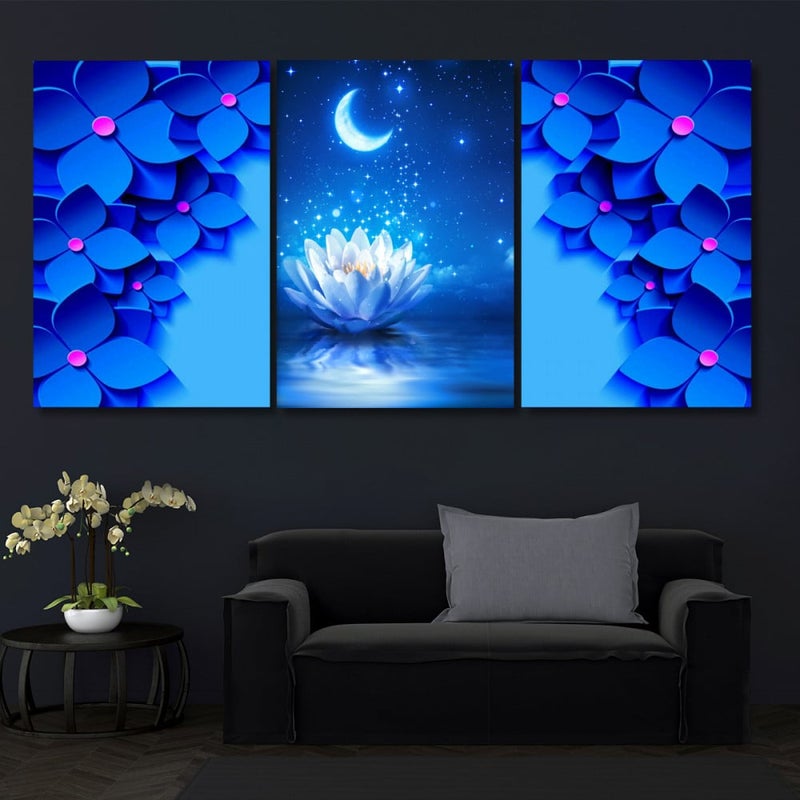 Marktna Three modern canvas paintings with a floral design and a hollow frame, measuring (150×70), three pieces - Image 1