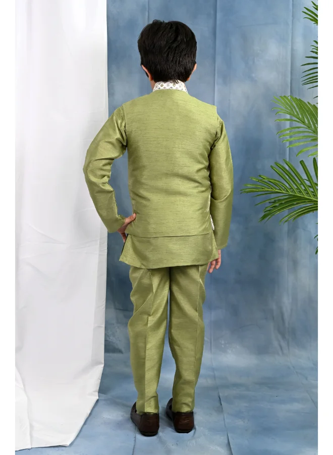 BT DEZINES Boys Olive Green Kurta Set With Embroidered Waistcoat