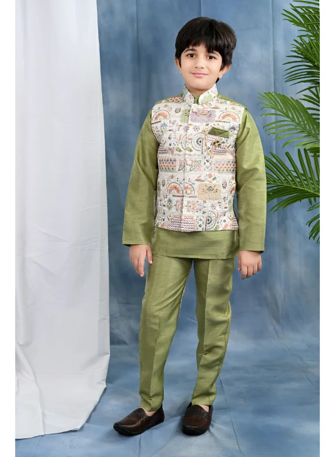 BT DEZINES Boys Olive Green Kurta Set With Embroidered Waistcoat