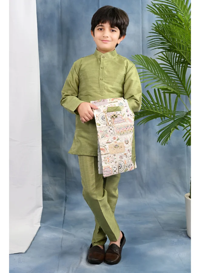 BT DEZINES Boys Olive Green Kurta Set With Embroidered Waistcoat