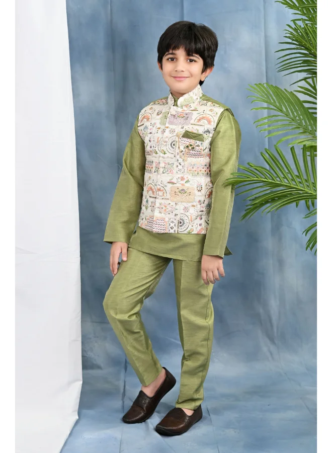 BT DEZINES Boys Olive Green Kurta Set With Embroidered Waistcoat